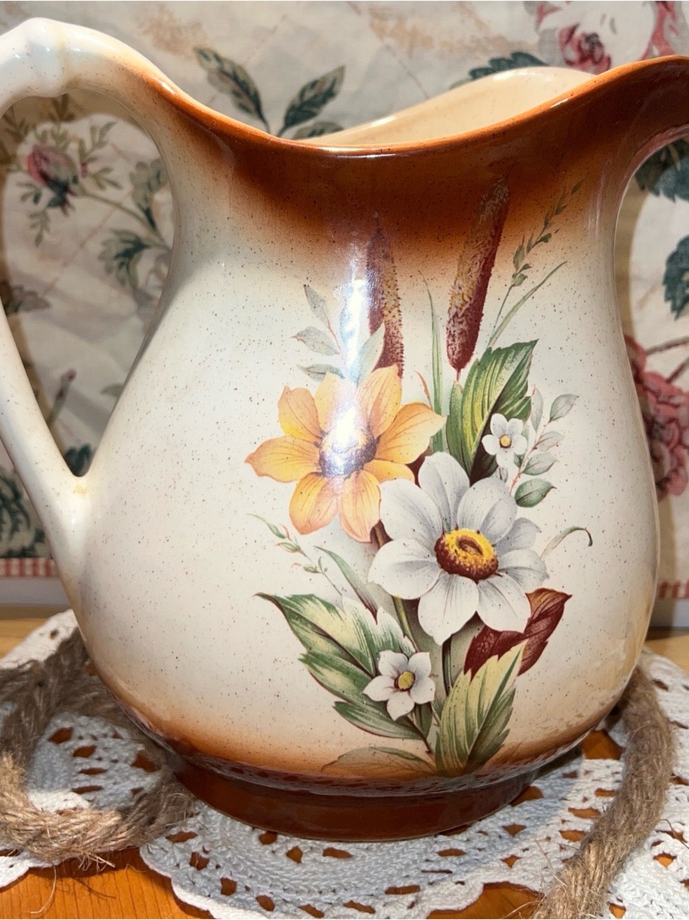 Cream and Brown Floral Ceramic Pitcher - Home Art Ceramics